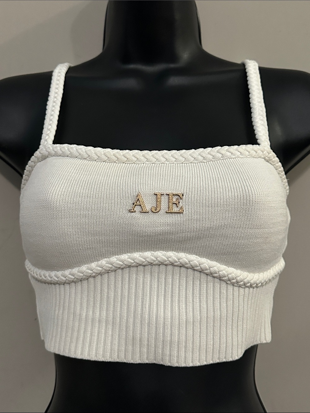Aje White Ribbed Knit Crop Top with Braided Trim small